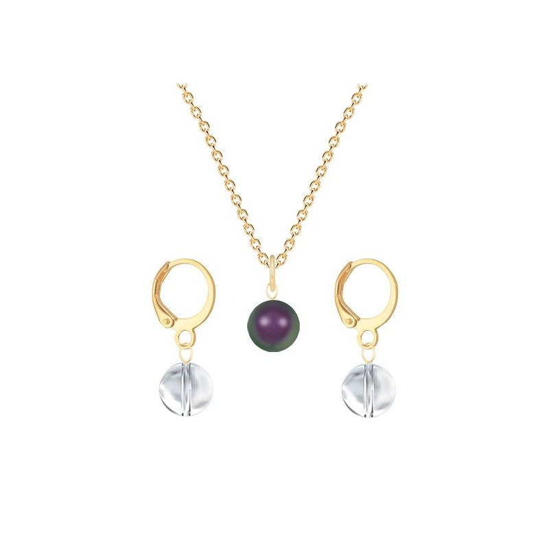 Gold Plated Premium Steel Iridescent Purple Crystal Pearl Pendant With Crystal Clear Austria Globe Hoop Earrings Set