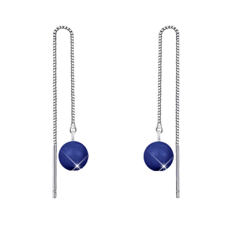 White Gold Plated September Birthpearl Dark Lapis Blue Crystal Pearl Thread Dangling Earrings