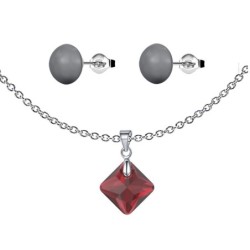 January Birthstone Siam Red Princess Cut Crystal Pendant With Dark Grey Cabochon 10mm Crystal Pearls Stud Earrings Set