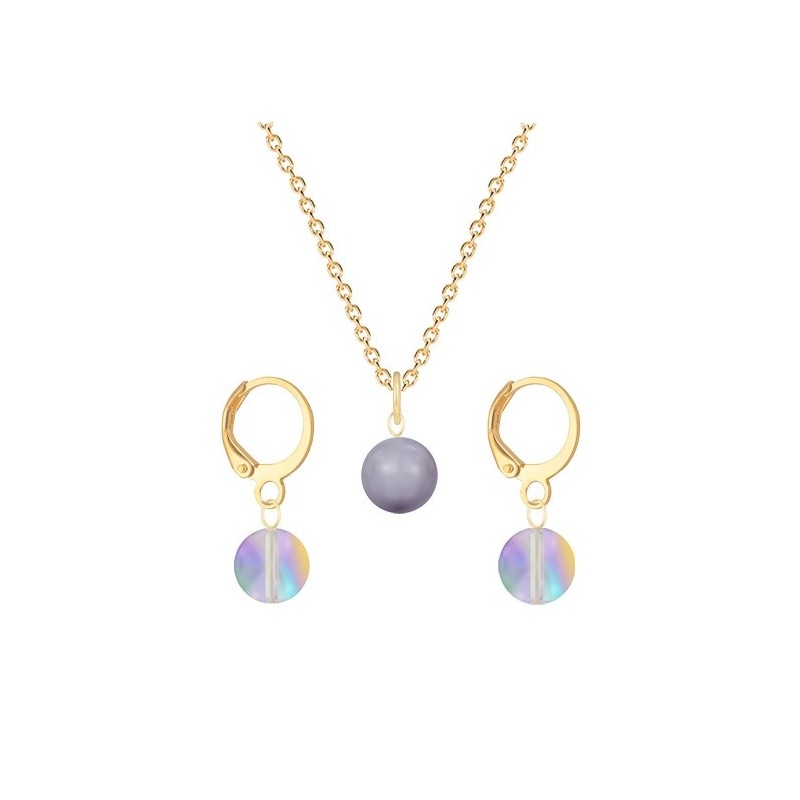 Gold Plated Premium Steel Mauve Crystal Pearl Pendant With Paradise Shine Austria Globe Hoop Earrings Set