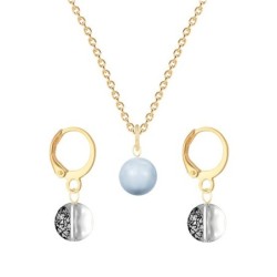 Gold Plated Premium Steel Light Blue Crystal Pearl Pendant With Black Patina Austria Globe Hoop Earrings Set