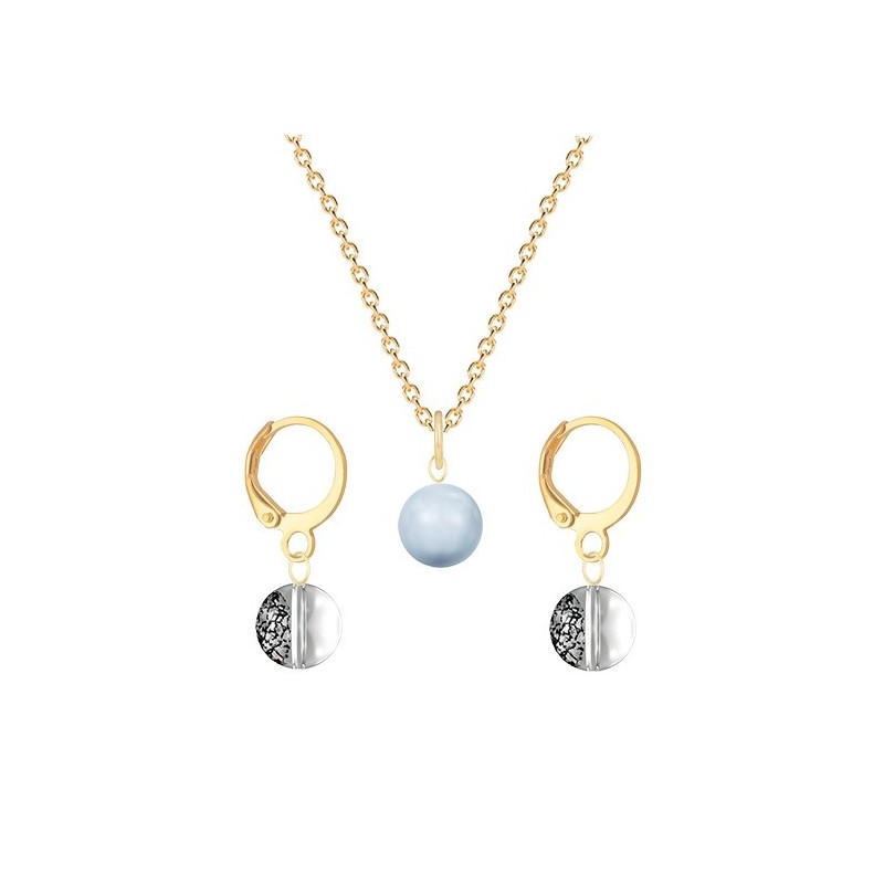 Gold Plated Premium Steel Light Blue Crystal Pearl Pendant With Black Patina Austria Globe Hoop Earrings Set