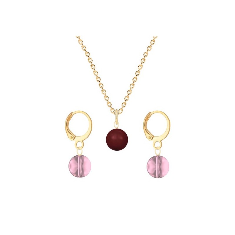 Gold Plated Premium Steel Bordeaux Crystal Pearl Pendant With Antique Pink Austria Globe Hoop Earrings Set