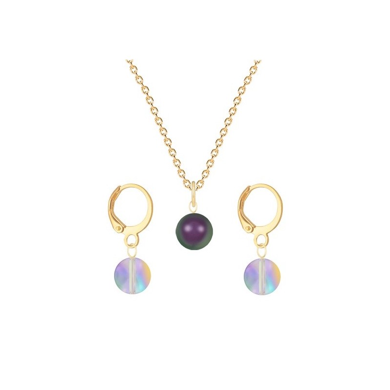 Gold Plated Premium Steel Iridescent Purple Crystal Pearl Pendant With Paradise Shine Austria Globe Hoop Earrings Set