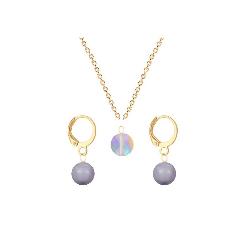 Gold Plated Premium Steel Paradise Shine 8mm Austria Globe Pendant With Mauve Crystal Pearl Hoop Earrings Set