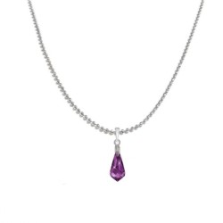 18k White Gold Plated Amethyst Crystal Teardrop Pendant Ball Chain Necklace Embellished with Austrian Crystal