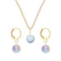 Gold Plated Premium Steel Light Blue Crystal Pearl Pendant With Paradise Shine Austria Globe Hoop Earrings Set