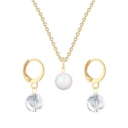 Gold Plated Premium Steel Pearlescent White Crystal Pearl Pendant With Crystal Clear Austria Globe Hoop Earrings Set