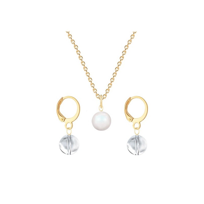 Gold Plated Premium Steel Pearlescent White Crystal Pearl Pendant With Crystal Clear Austria Globe Hoop Earrings Set