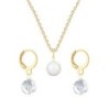 Gold Plated Premium Steel Pearlescent White Crystal Pearl Pendant With Crystal Clear Austria Globe Hoop Earrings Set