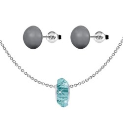 Light Turquoise Fortune Bead Premium Steel Necklace With Dark Grey Pearl Earrings Set Embellished with Austrian Crystals