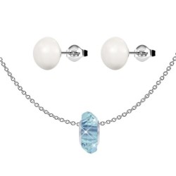 Aquamarine Fortune Bead Premium Steel Necklace With Stud Earrings Set Embellished with Premium Grade Austrian Crystals