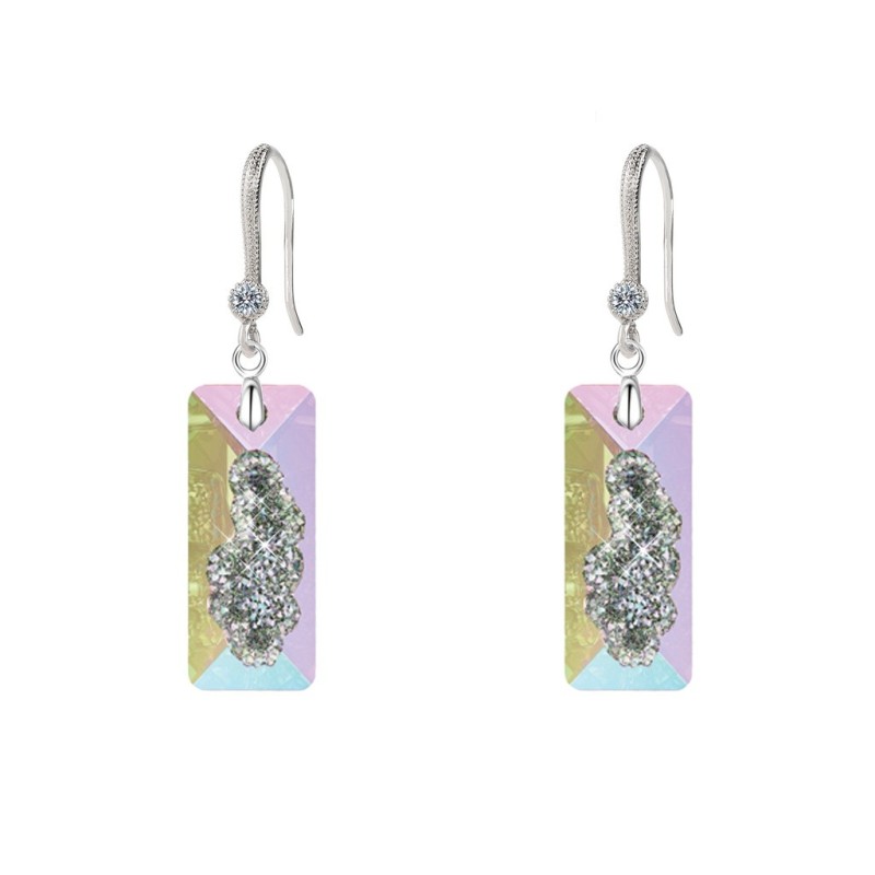 Limited Edition Elegant White Gold Plated Crystal Aurora Borealis Growing Crystal Rectangle Premium Earrings