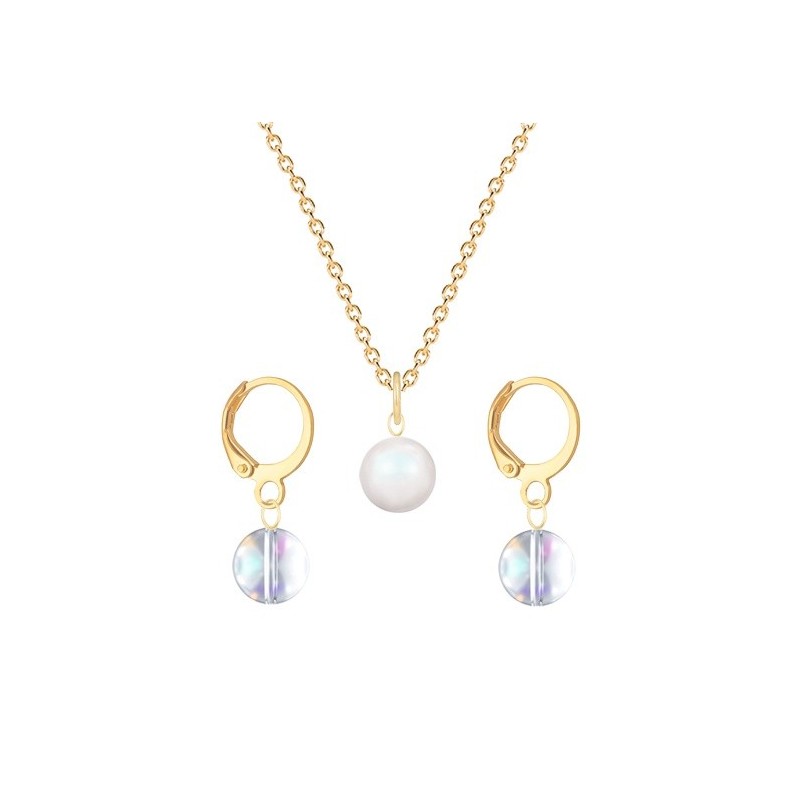 Gold Plated Premium Steel Pearlescent White Crystal Pearl Pendant With Aurora Borealis Austria Globe Hoop Earrings Set