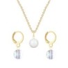 Gold Plated Premium Steel Pearlescent White Crystal Pearl Pendant With Aurora Borealis Austria Globe Hoop Earrings Set