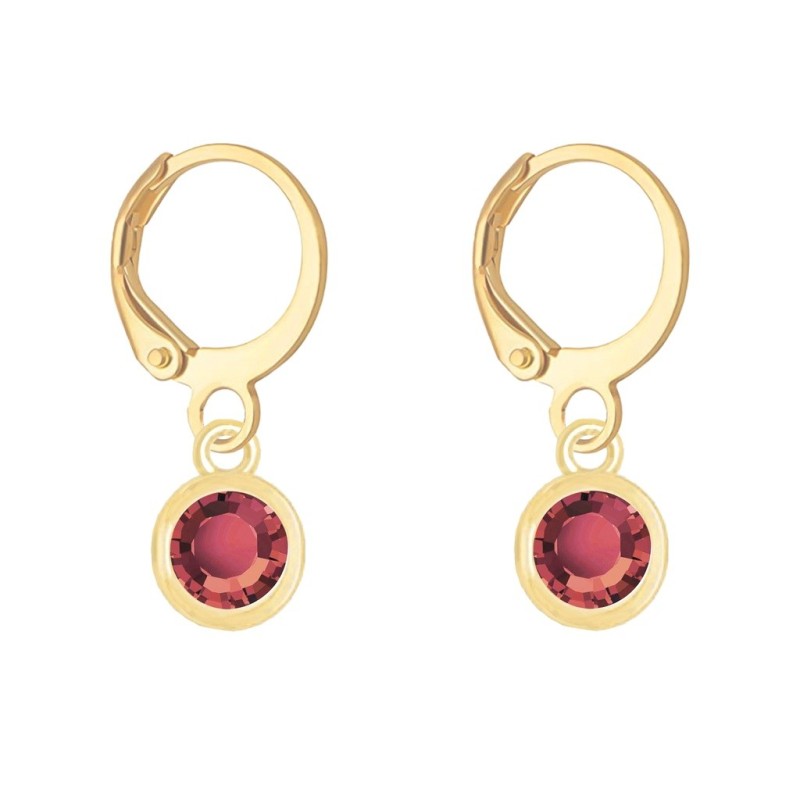 18K Gold Plated Ruby Crystal Slim Hoop Earrings Embellished with Premium Grade Austrian Crystals (Made In Japan)