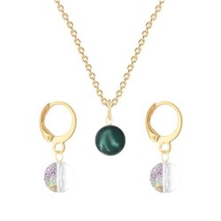 Gold Plated Premium Steel Iridescent Tahitian Crystal Pearl Pendant With White Patina Austria Globe Hoop Earrings Set