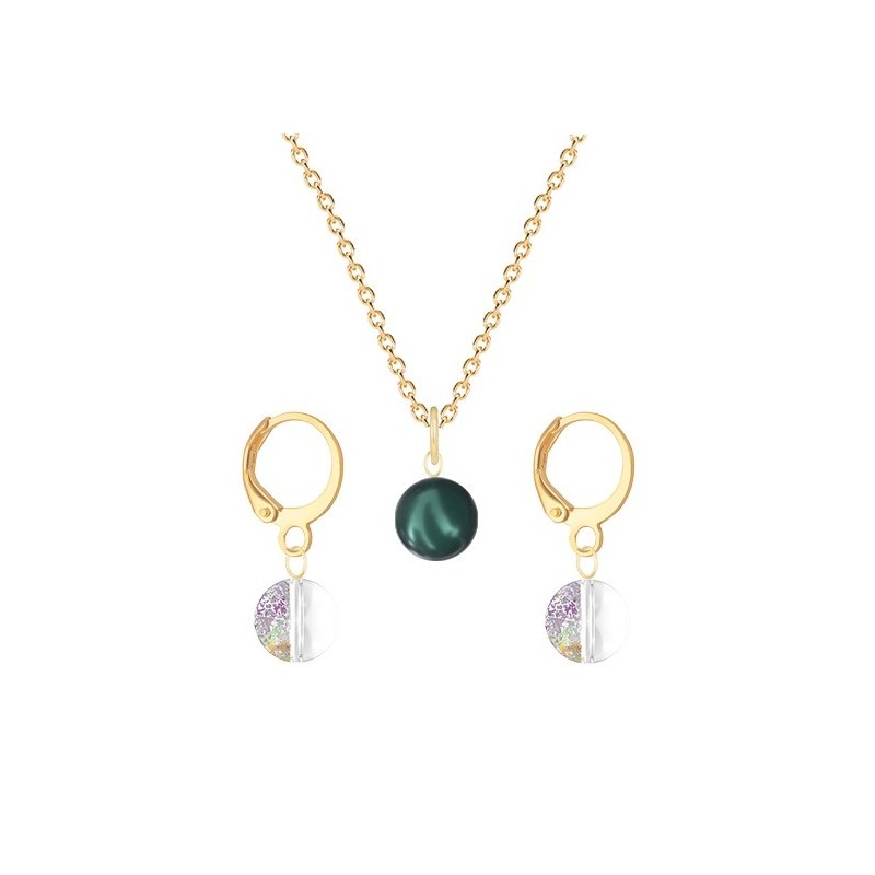 Gold Plated Premium Steel Iridescent Tahitian Crystal Pearl Pendant With White Patina Austria Globe Hoop Earrings Set