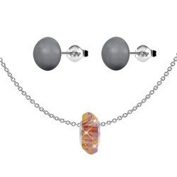 Astral Pink Fortune Bead Premium Steel Necklace With Dark Grey Pearl Earrings Set Embellished with Austrian Crystals