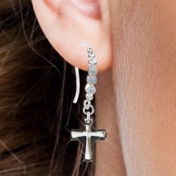 Limited Edition 18K White Gold Plated Luxurious Trendy Black Lining Cross Earrings Embellished with Austrian Crystals