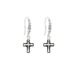 Limited Edition 18K White Gold Plated Luxurious Trendy Black Lining Cross Earrings Embellished with Austrian Crystals