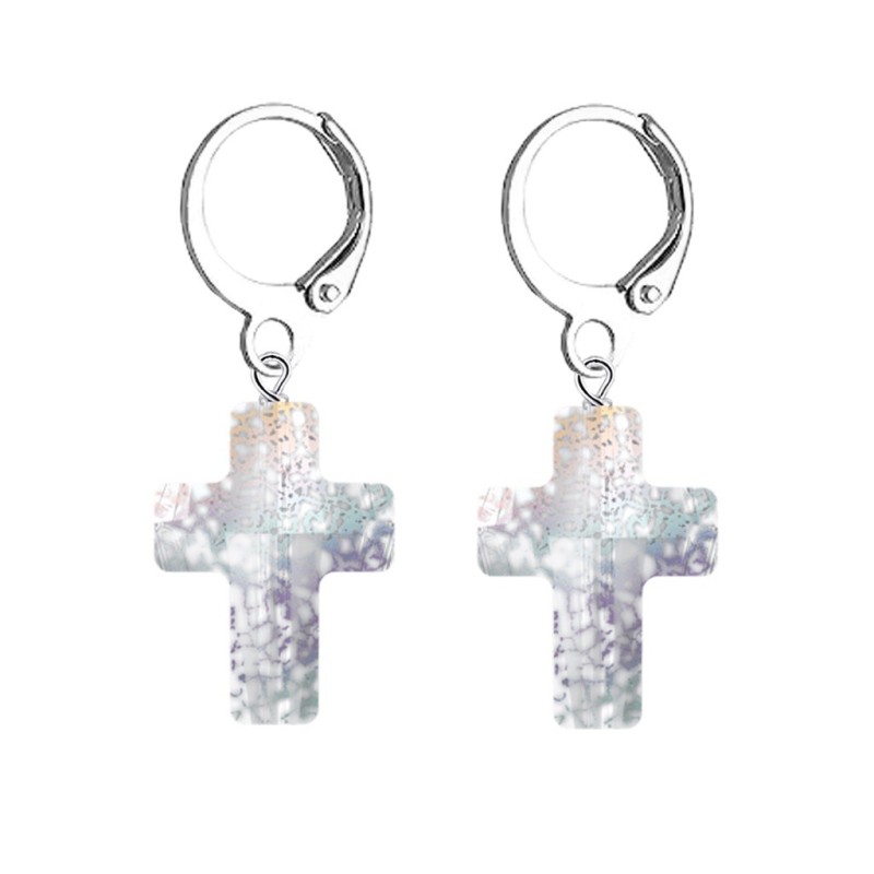 Premium Stainless Steel Hoop White Patina Trendy Cross Crystal Earrings (Made In Japan)