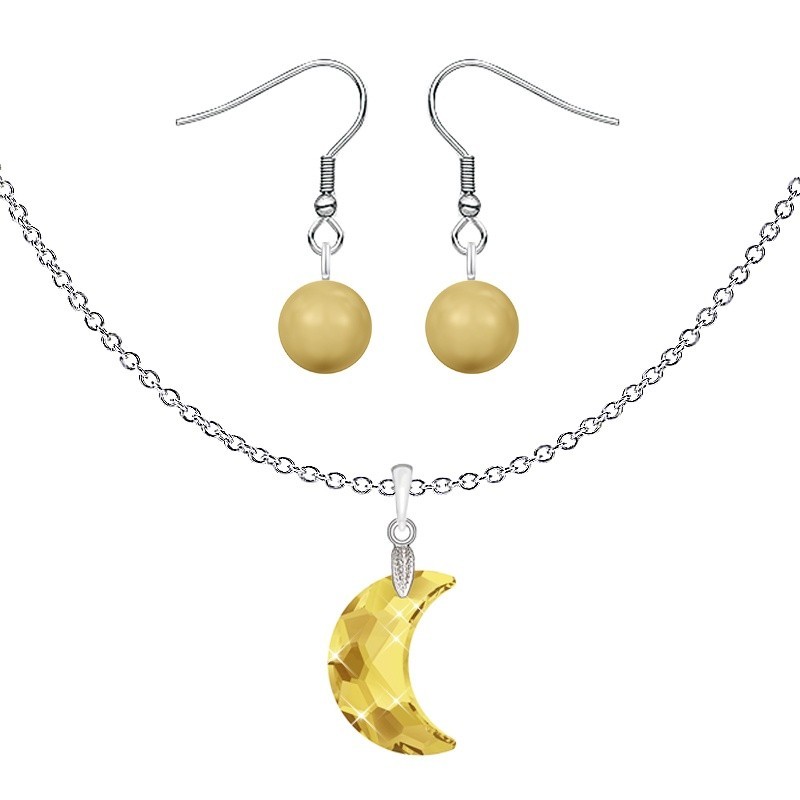 Limited Crystal Moon Crest Sunshine Steel Necklace with Earrings Set Embellished with Premium Grade Austrian Crystal