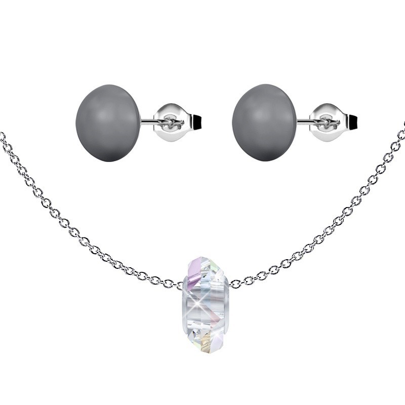 Crystal AB Fortune Bead Premium Steel Necklace With Dark Grey Pearl Earrings Set Embellished with Austrian Crystals