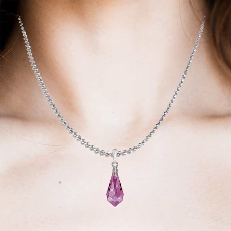 18k White Gold Plated Fuchsia Pink Crystal Teardrop Pendant Ball Chain Necklace Embellished with Austrian Crystal