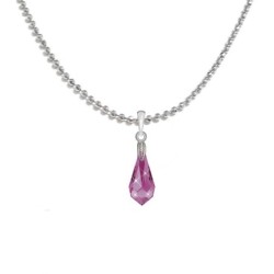 18k White Gold Plated Fuchsia Pink Crystal Teardrop Pendant Ball Chain Necklace Embellished with Austrian Crystal