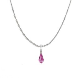 18k White Gold Plated Fuchsia Pink Crystal Teardrop Pendant Ball Chain Necklace Embellished with Austrian Crystal