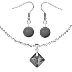 Silver Night Princess Cut Premium Grade Austrian Crystal Pendant Necklace And Dark Grey Pearl Earrings Jewellery Set