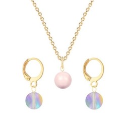 Gold Plated Premium Steel Rosaline Pink Crystal Pearl Pendant With Paradise Shine Austria Globe Hoop Earrings Set