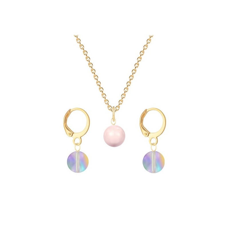 Gold Plated Premium Steel Rosaline Pink Crystal Pearl Pendant With Paradise Shine Austria Globe Hoop Earrings Set