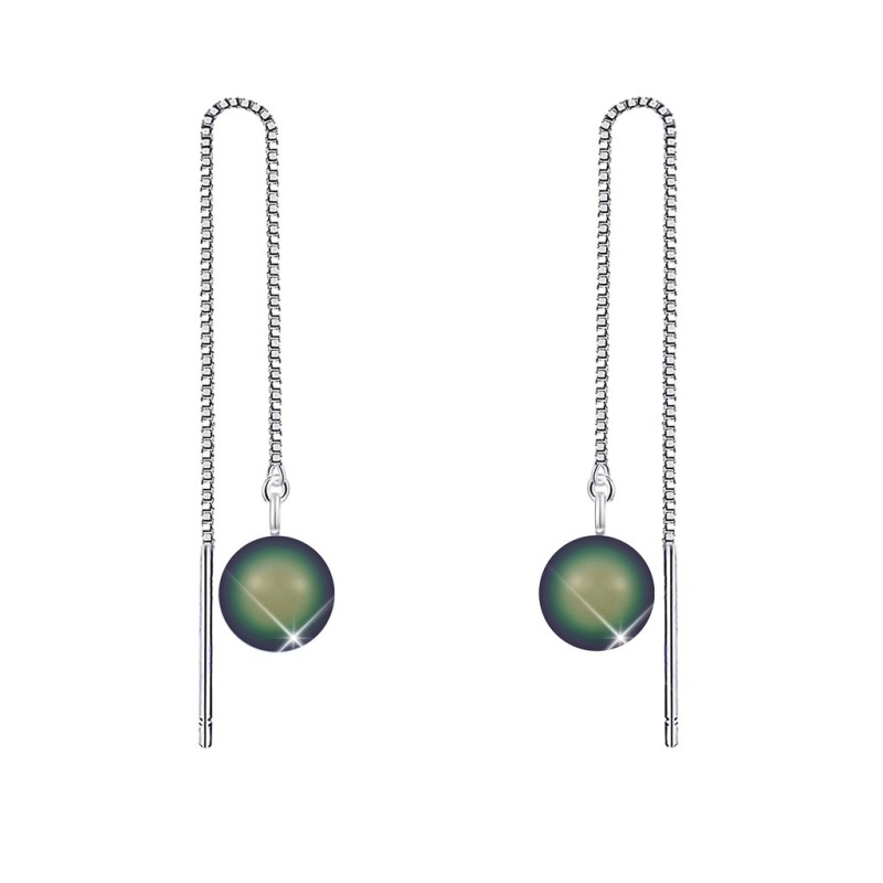 White Gold Plated May Birthpearl Scarabaeus Green Crystal Pearl Thread Dangling Earrings