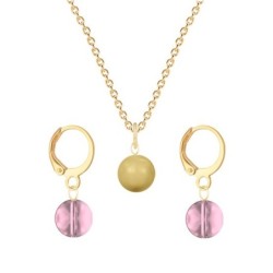 Gold Plated Premium Steel Golden Crystal Pearl Pendant With Antique Pink Austria Globe Hoop Earrings Set