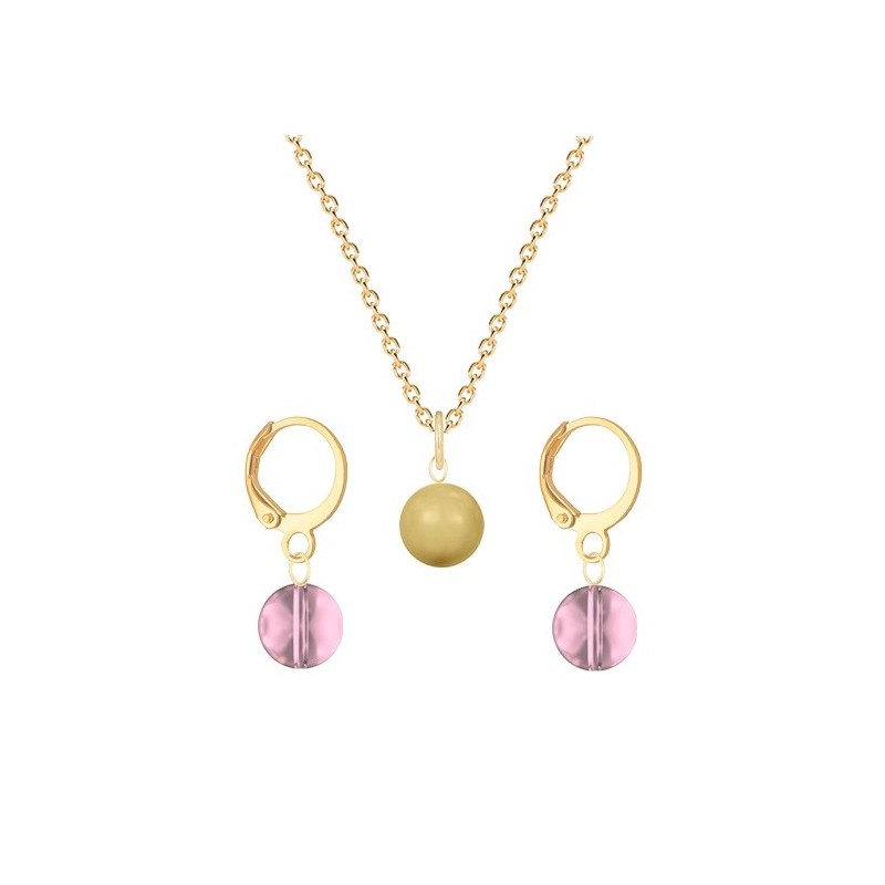 Gold Plated Premium Steel Golden Crystal Pearl Pendant With Antique Pink Austria Globe Hoop Earrings Set