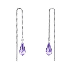 White Gold Plated Tanzanite Teardrop Crystal Thread Dangling Earrings Embellished with Premium Grade Austrian Crystals