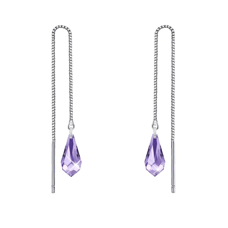 White Gold Plated Tanzanite Teardrop Crystal Thread Dangling Earrings Embellished with Premium Grade Austrian Crystals