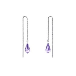 White Gold Plated Tanzanite Teardrop Crystal Thread Dangling Earrings Embellished with Premium Grade Austrian Crystals