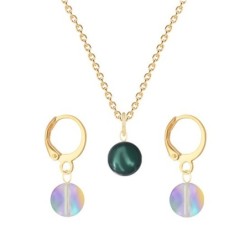 Gold Plated Premium Steel Iridescent Tahitian Crystal Pearl Pendant With Paradise Shine Austria Globe Hoop Earrings Set