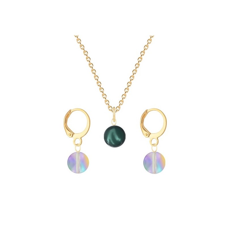 Gold Plated Premium Steel Iridescent Tahitian Crystal Pearl Pendant With Paradise Shine Austria Globe Hoop Earrings Set