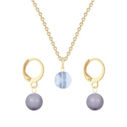 Gold Plated Premium Steel Blue Shade 8mm Austria Globe Pendant With Mauve Crystal Pearl Hoop Earrings Set