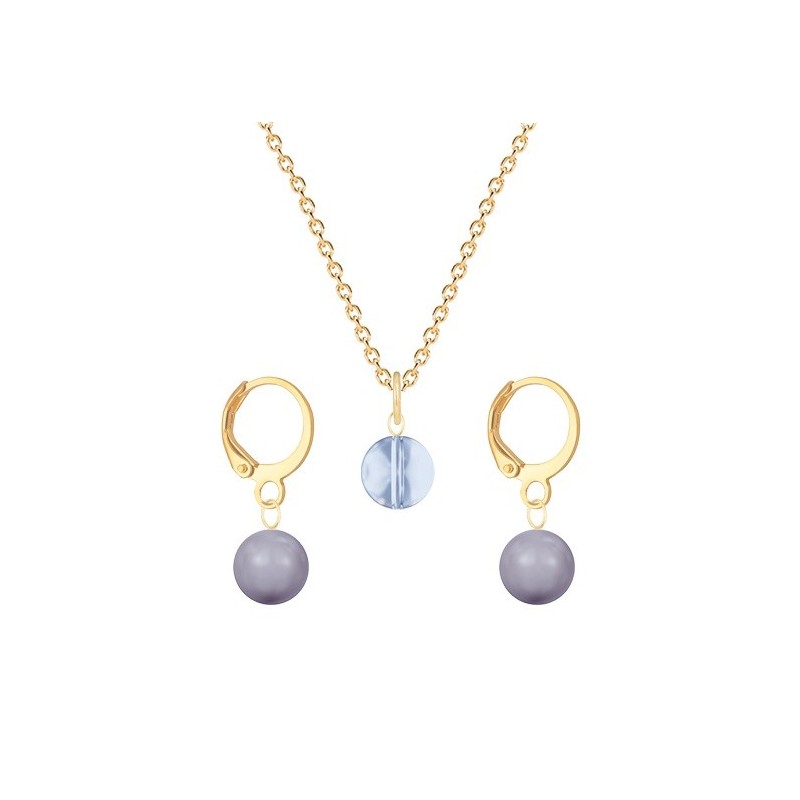 Gold Plated Premium Steel Blue Shade 8mm Austria Globe Pendant With Mauve Crystal Pearl Hoop Earrings Set