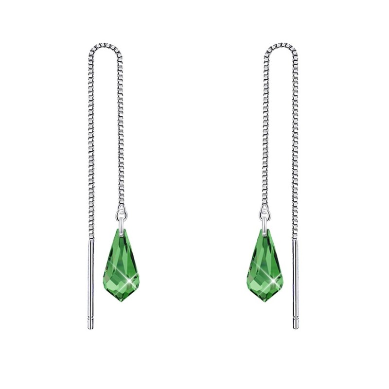 White Gold Plated Peridot Teardrop Crystal Thread Dangling Earrings Embellished with Premium Grade Austrian Crystals