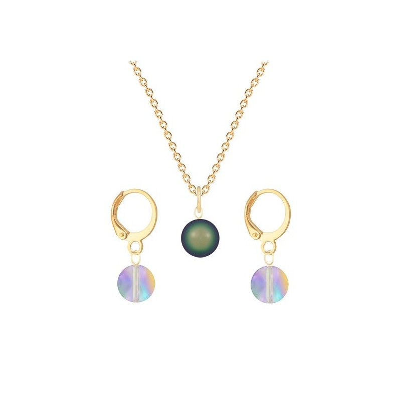 Gold Plated Premium Steel Scarabaeus Green Crystal Pearl Pendant With Paradise Shine Austria Globe Hoop Earrings Set