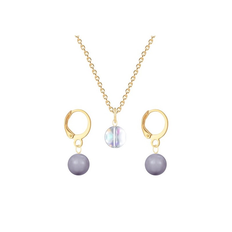 Gold Plated Premium Steel Aurora Borealis 8mm Austria Globe Pendant With Mauve Crystal Pearl Hoop Earrings Set