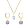 Gold Plated Premium Steel Aurora Borealis 8mm Austria Globe Pendant With Mauve Crystal Pearl Hoop Earrings Set