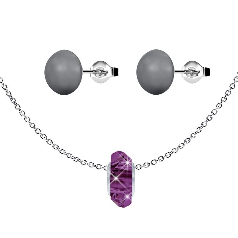 Amethyst Fortune Bead Premium Steel Necklace With Dark Grey Pearl Earrings Set Embellished with Austrian Crystals