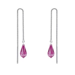 White Gold Plated Fuchsia Teardrop Crystal Thread Dangling Earrings Embellished with Premium Grade Austrian Crystals